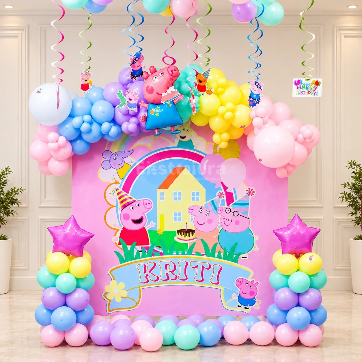 Peppa Pig Pastel Balloon Birthday Setup