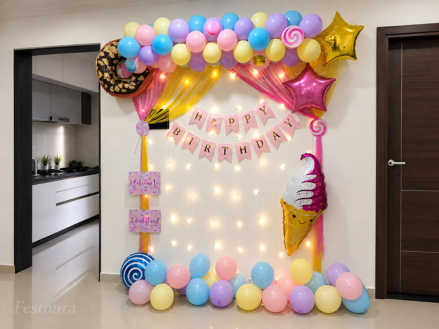 Pastel Candyland Kids Birthday Balloon Decor