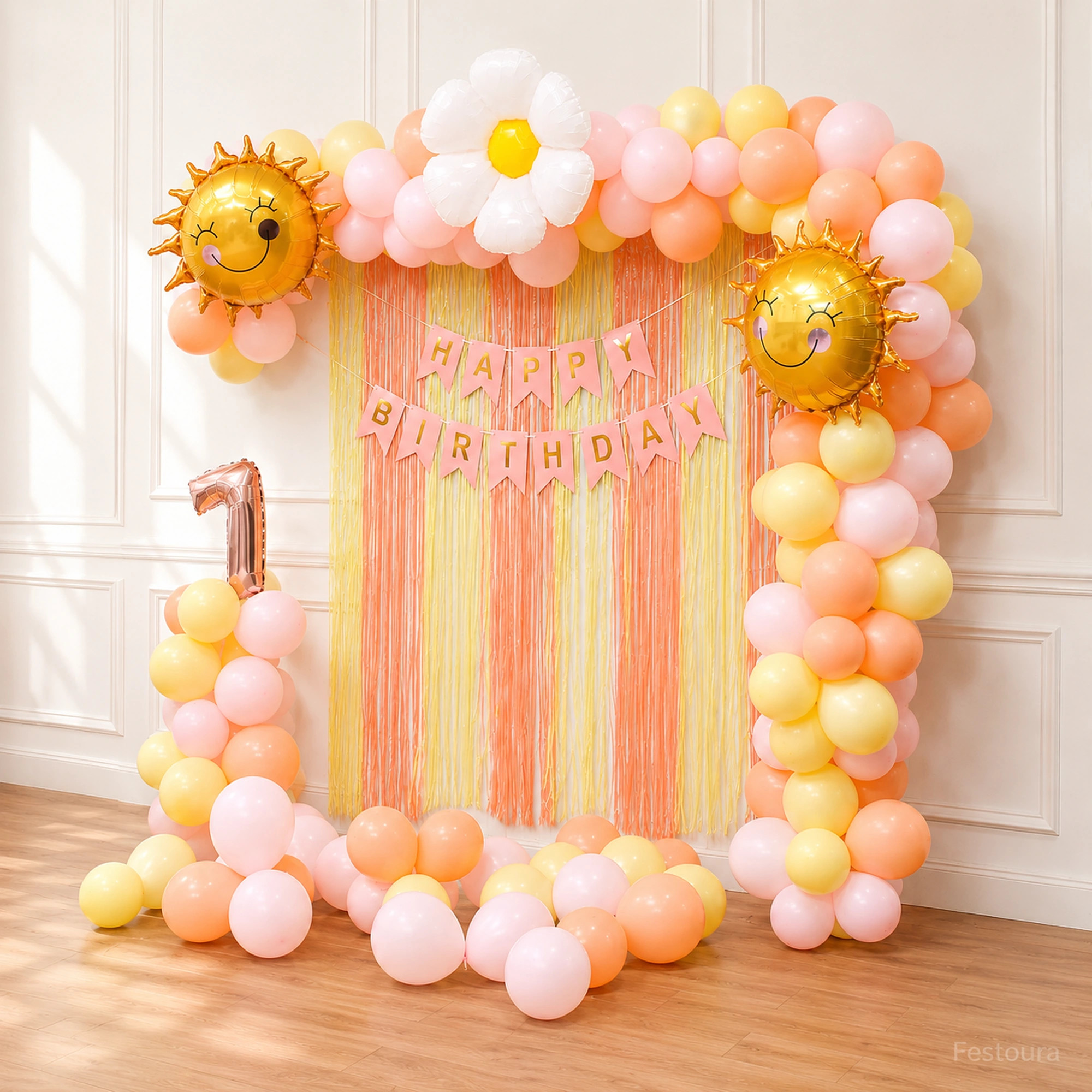 Pastel Sunshine Balloon Arch Birthday Decoration