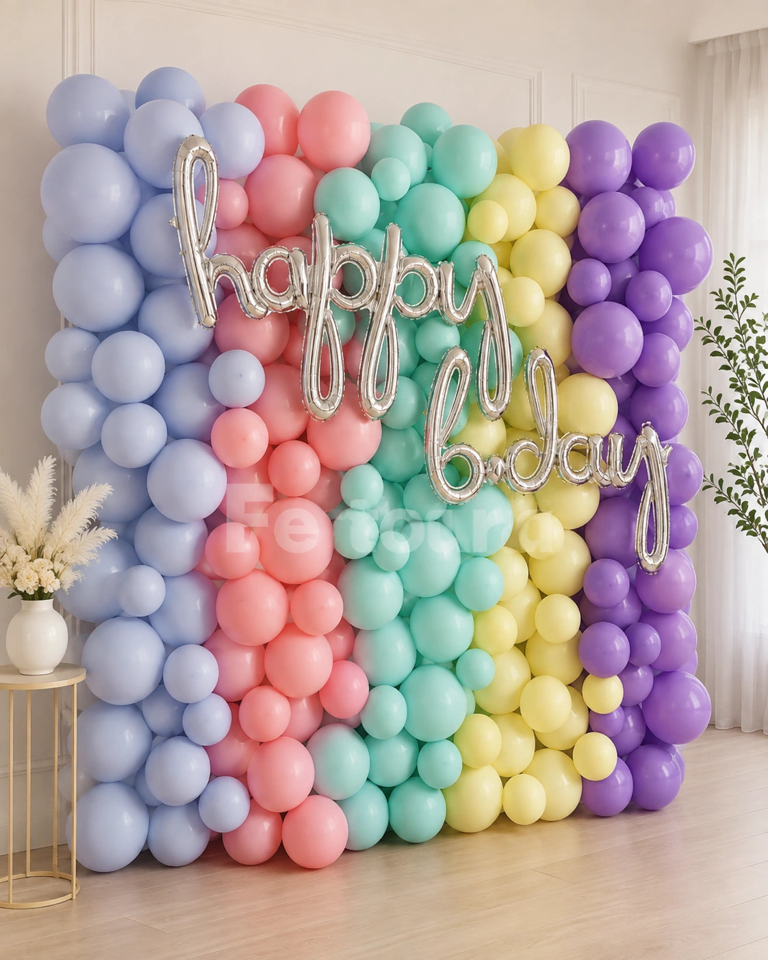Cursive Silver & Pastel Rainbow Balloon Backdrop