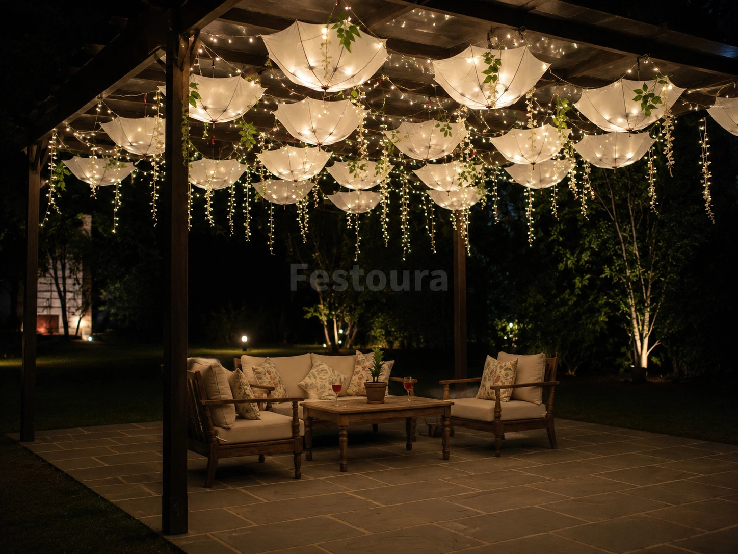 White Hanging Umbrella & Fairy Light Decor