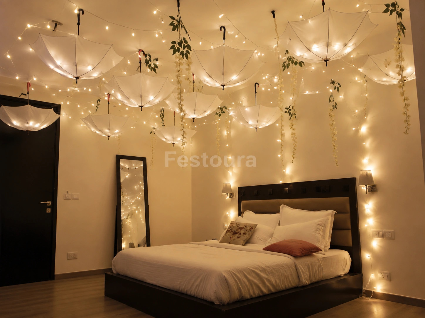 White Hanging Umbrella & Fairy Light Decor