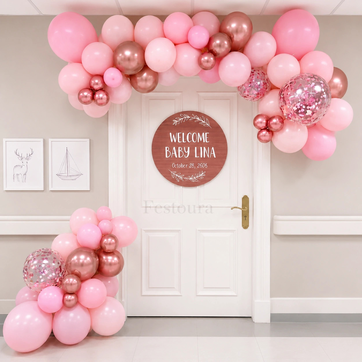 Pastel Pink and Rose Gold Welcome Baby Door Decoration