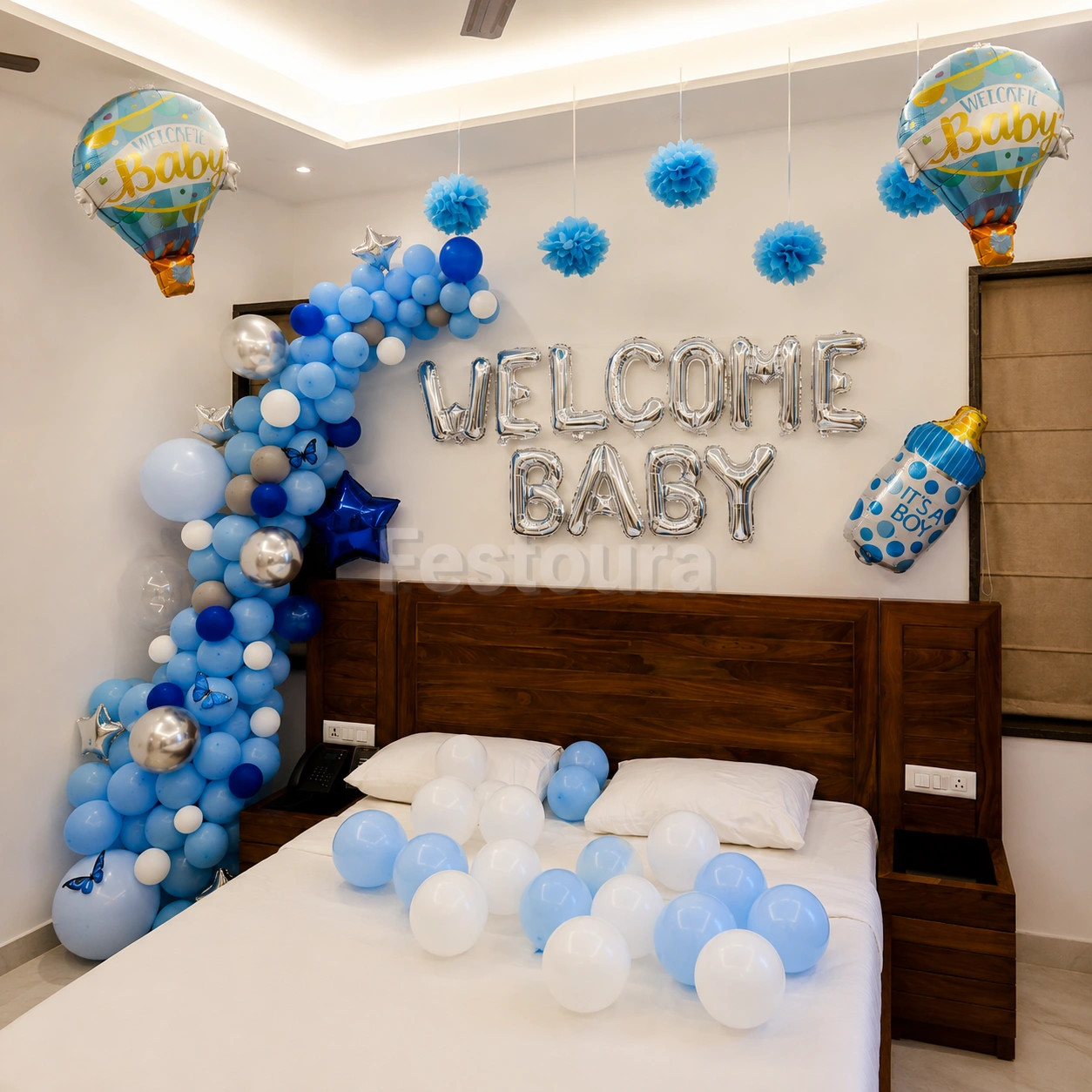 Whimsical Blue Welcome Baby Backdrop