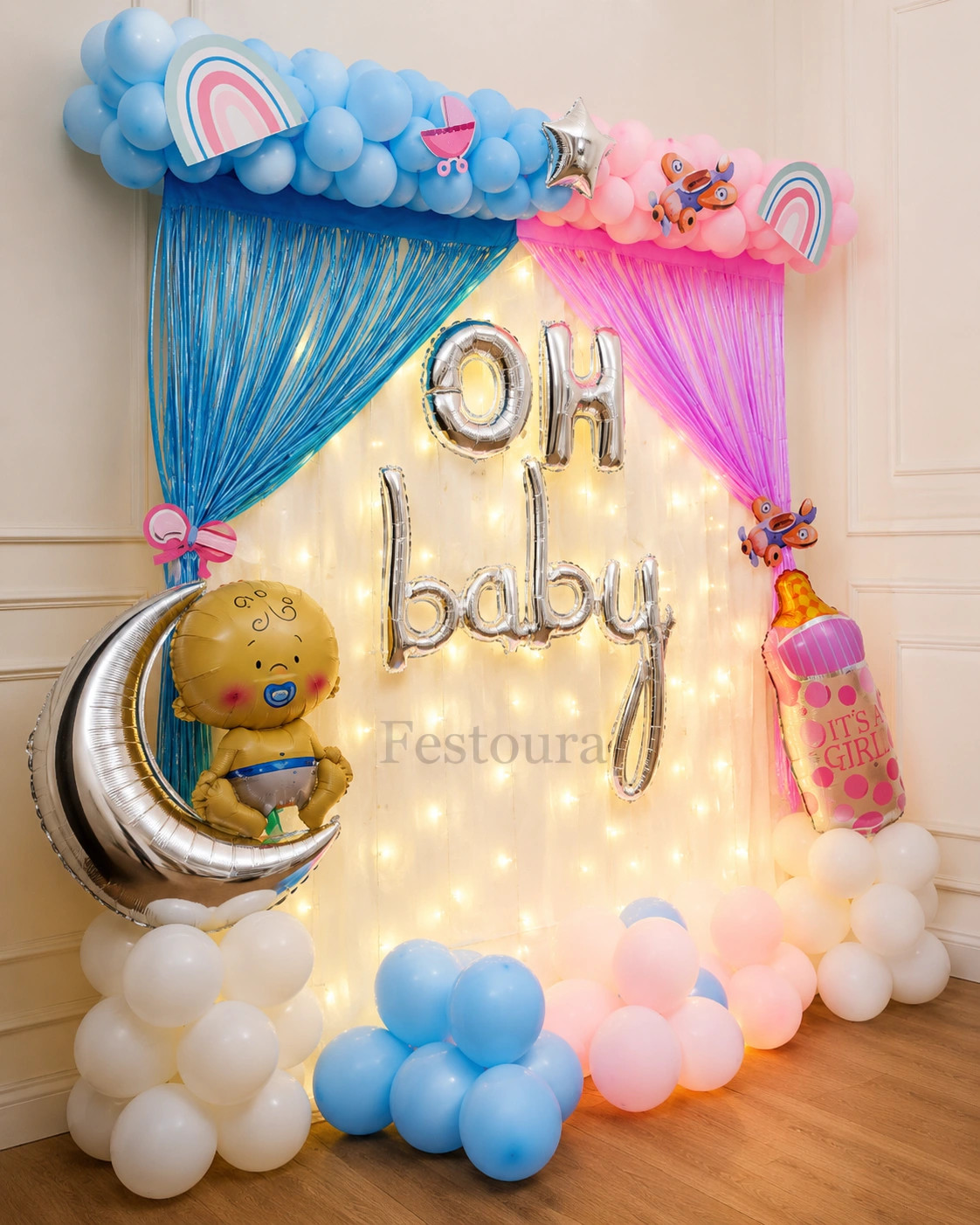 Oh Baby Pastel Balloon Arch and Frill Backdrop