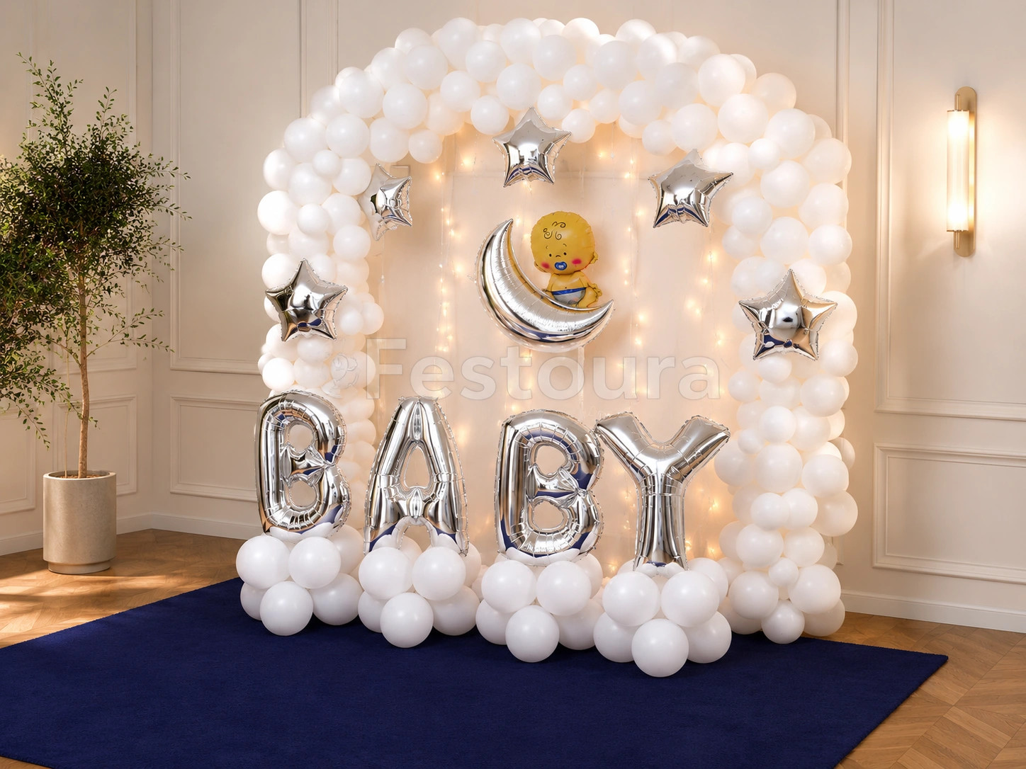 Elegant Celestial Baby Shower Decoration with Glowing Net Backdrop