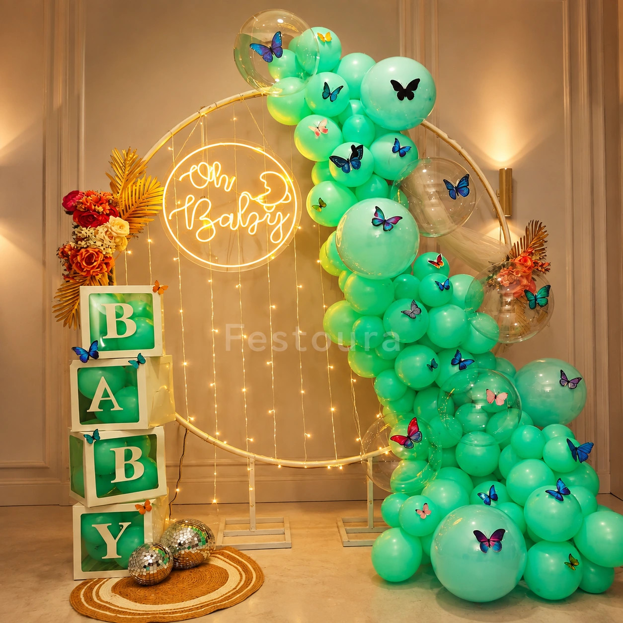 Ethereal Butterfly & Pastel Green Baby Shower Backdrop