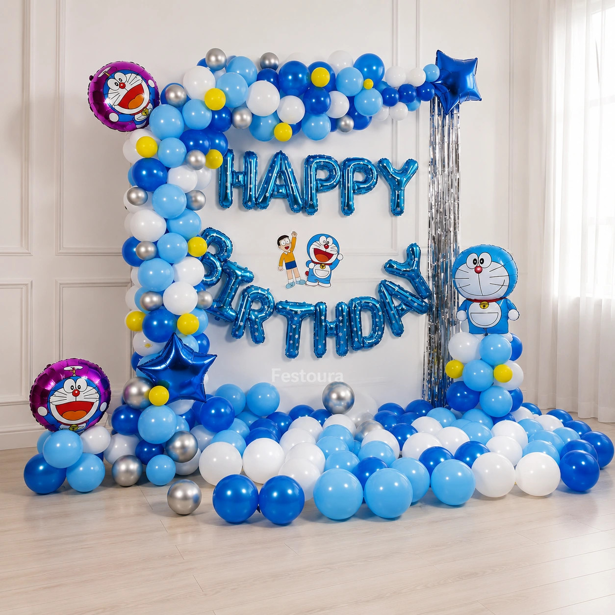 Doraemon Themed Blue and Silver Birthday Decor