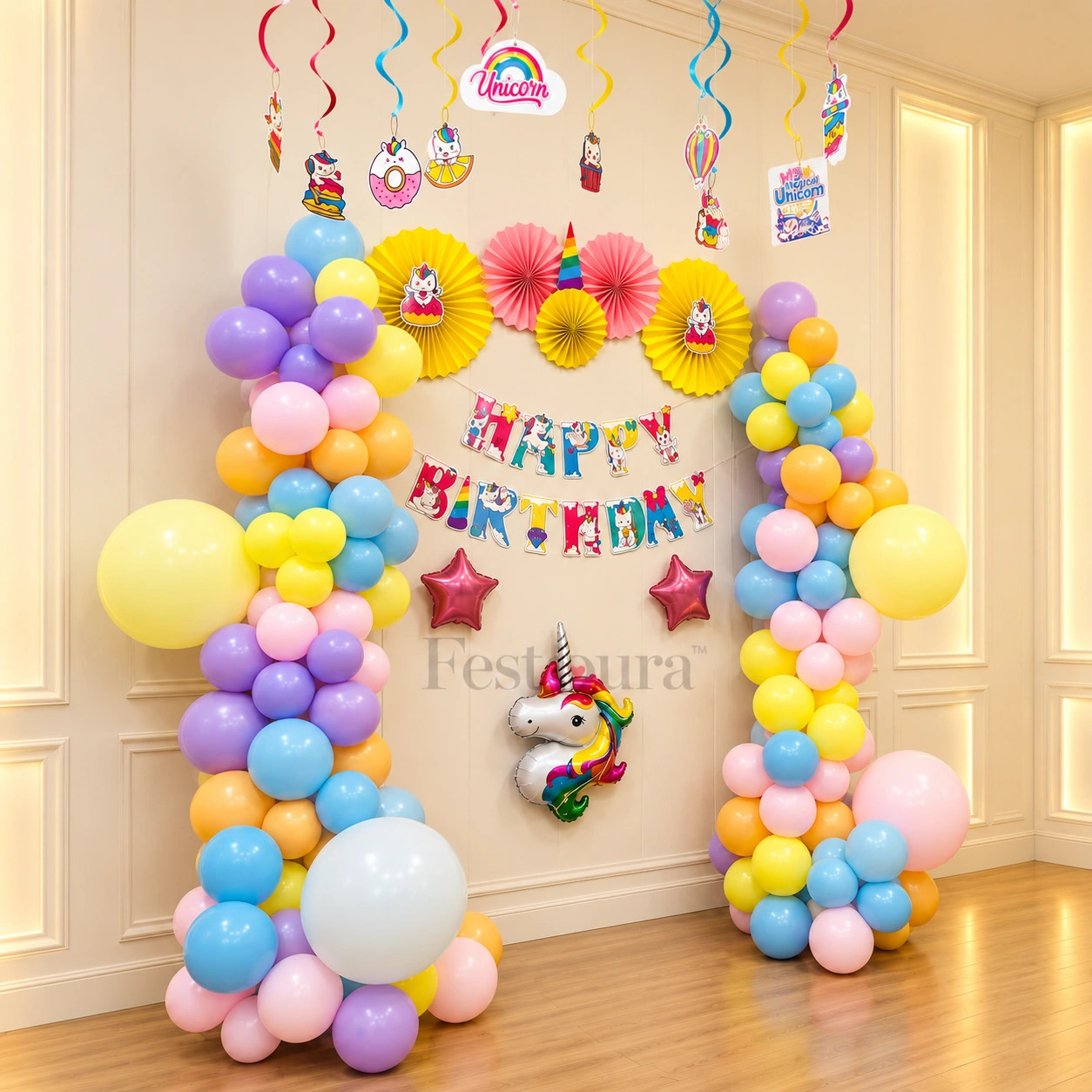 Magical Unicorn Pastel Balloon Birthday Backdrop