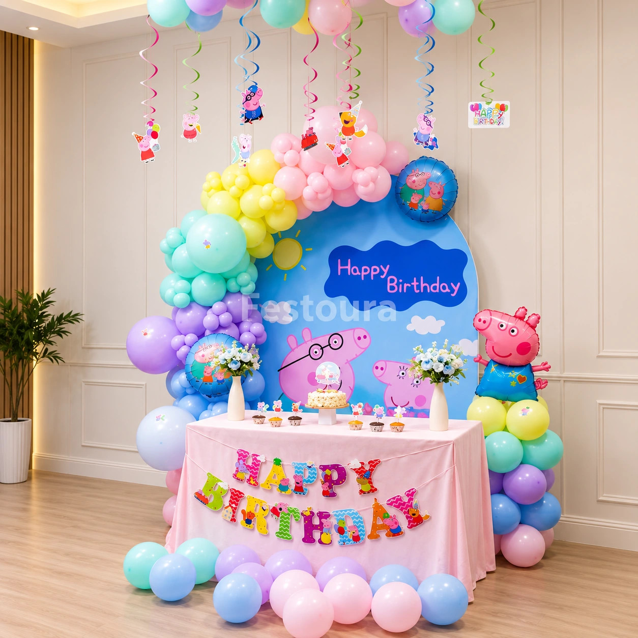 Peppa Pig Pastel Balloon Arch & Backdrop Setup
