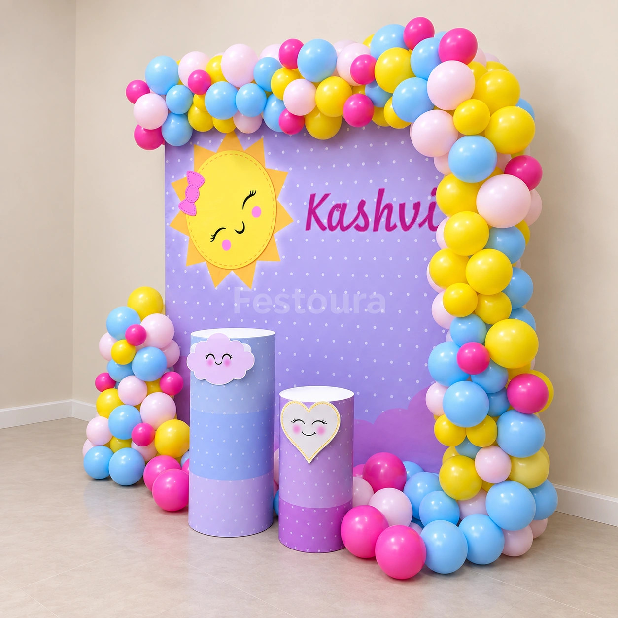 Customized Sunshine Backdrop & Pastel Balloon Arch Birthday Decor