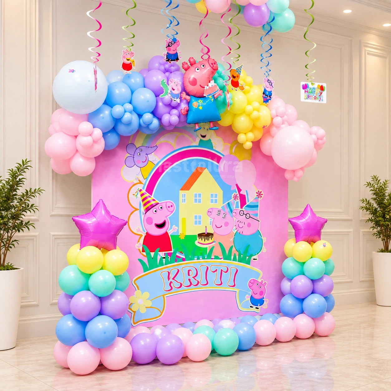 Peppa Pig Pastel Balloon Birthday Setup
