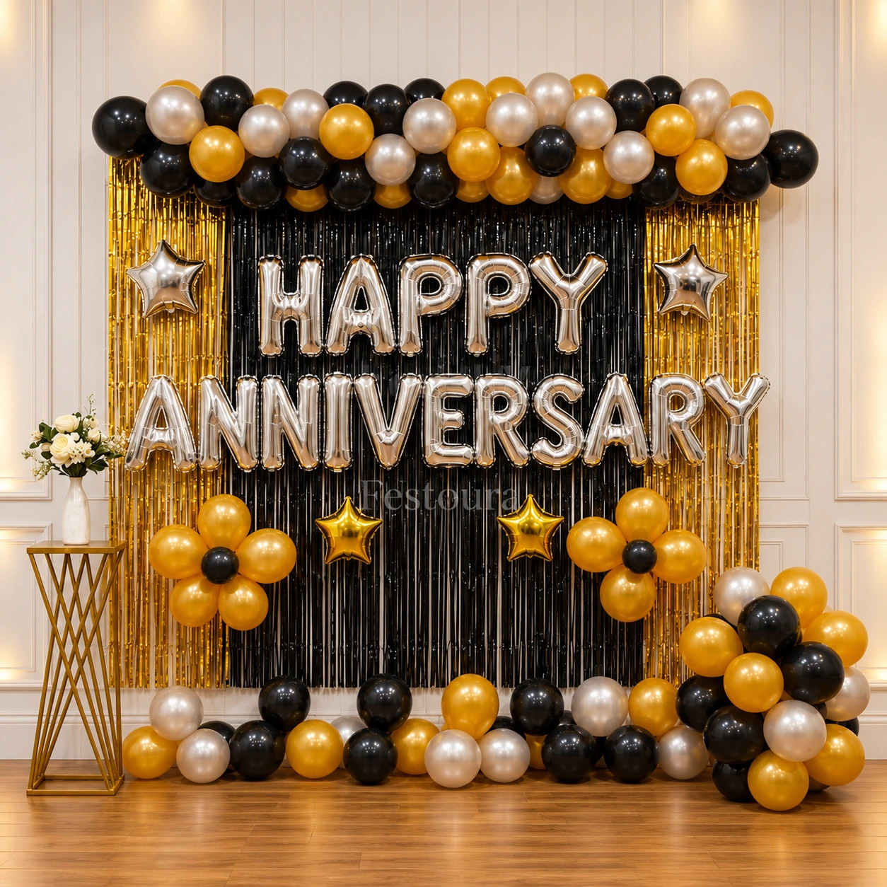 Refined Black and Gold Anniversary Backdrop