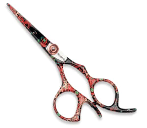 Hair Cutting Scissors – Red Floral Pattern, with Finger Rest