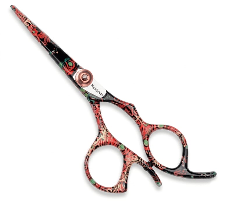 Hair Cutting Scissors – Red Floral Pattern, with Finger Rest