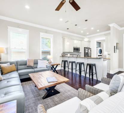 Living room with kitchen bar.