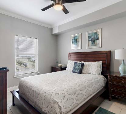 All bedrooms have TVs, storage, and ceiling fans for comfort