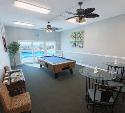 Lobby game room with pool table.