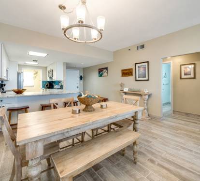 dining area with Farmhouse style table and seating