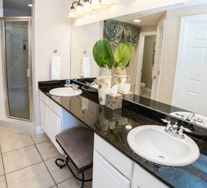 The Master Bath provides His & Hers Sinks, a vanity, a Full  Shower, & a Soaking Tub.  