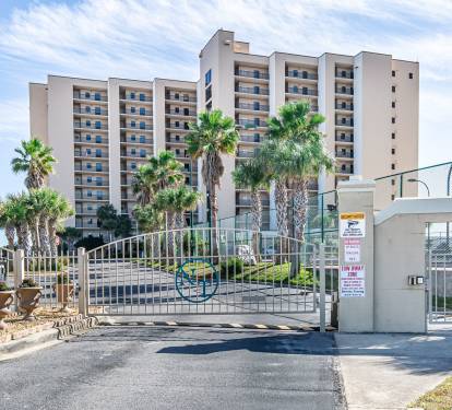 Gated entrance to Navarre Towers for security