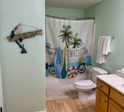 Guest bath. Full tub/shower combo. Doors to BR and Living/dining area