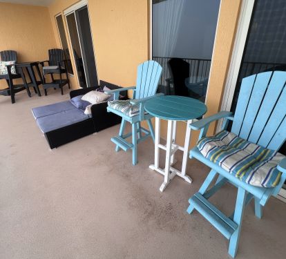 Bar-height Beach Captain Chairs &amp; Tables on our large beach balcony view of Gulf