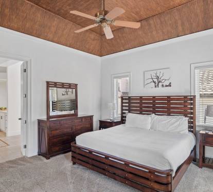 Primary suite featuring bamboo ceilings and custom tray lighting