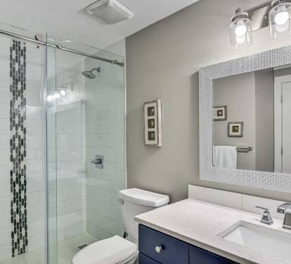 Fresh Start, Every Morning - Modern lighting, builtin
storage, and a starter set of toiletries make
getting ready simple