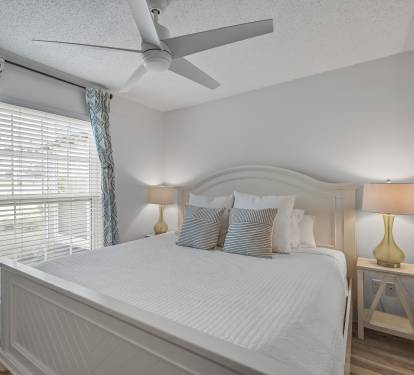 Bright, airy, and cozy master bedroom. Luxurious king bed,  adjustable ceiling fan, smart TV and blinds. Extra pillow and blankets are always an option for the utmost comfort! 