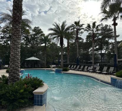 Resort-style pool just steps away through the stone path. Shared only with Creek Park at Magnolia homes, it features a zero-entry design perfect for kids and lounging under the palms. ??