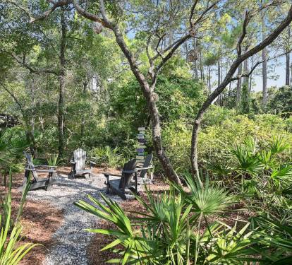 Peaceful backyard with seating for four, you’ll find a lush, wooded lot filled with a mix of coastal pines, native palms, and natural greenery. This serene landscape creates a peaceful, private retreat.