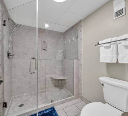 Master walk in shower w/ hand held wand and seat