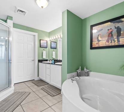 Master bathroom, huge jetted garden tub, walk in shower, huge walk in closet behind the closed door