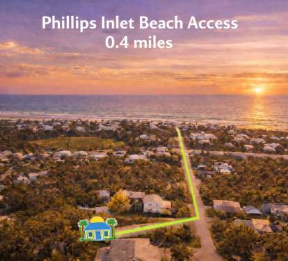 Phillips Inlet-our closest public beach access—just a short ride or walk! While Highway 98 can be busy, crossing is easy by bike or with a rented LSV/golf cart. Guest Review, “Close to the beach and restaurants, but off the main road for a quiet stay.”