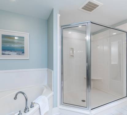 Oversized tub and shower in largest owners retreat. 