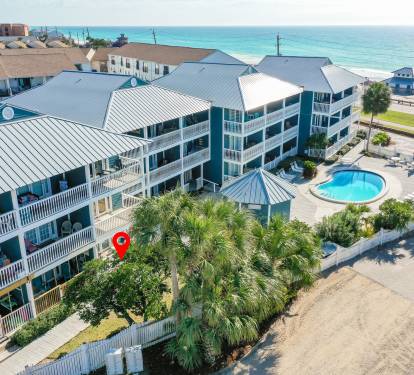The red ballon shows where your secluded vacation getaway awaits.  Look how close you are to the white sugar sand beach and the pool and hot tub... endless options no matter the time of year!
