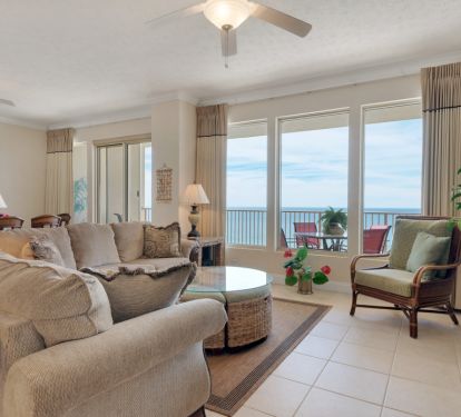 Main living area with beautiful wall-to-wall oceanfront view of the Gulf of Mexico!