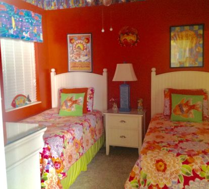 Twin Bedroom in bright colors and lots of fish accents