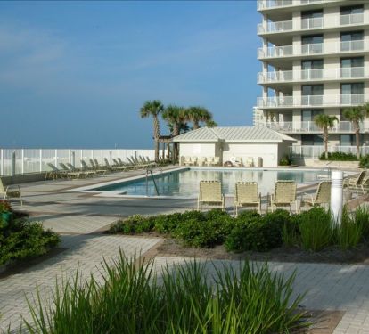 Pool deck view-pool house with restrooms