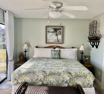 Newly redecorated downstairs bedroom off patio.  King bed; ensuite bathroom