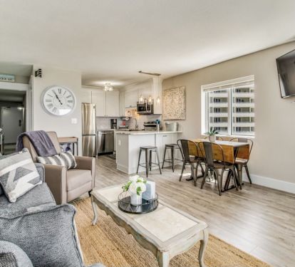 Living room with new Kitchen with high end appliances 