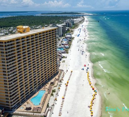 View of Treasure Island Resort from the air looking east over the Gulf of Mexico