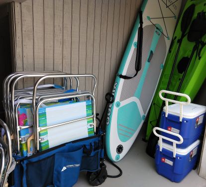 LOTS of supplies: chair service (6), SUP, kayak, cart, coolers, +6  sand chairs