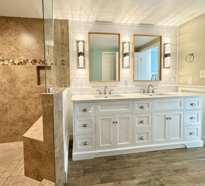 Primary bath with walk-in shower and dual sinks