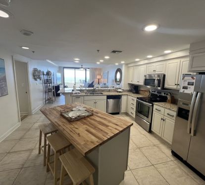 Fully Stocked Kitchen with All Appliances and Butcher Block Island. 