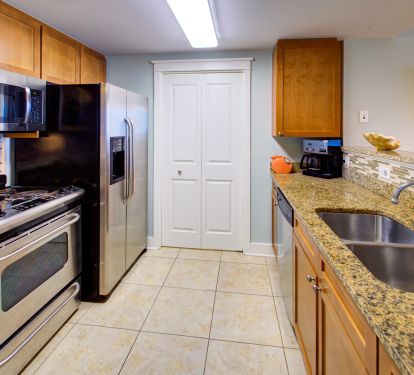 Gorgeous kitchen w stainless steel &amp; granite; plenty of sm. cooking appliances.  