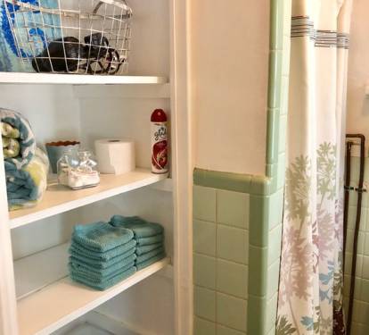 Shower is about the size of a cruise ship's, also has outdoor Hot/Cold shower