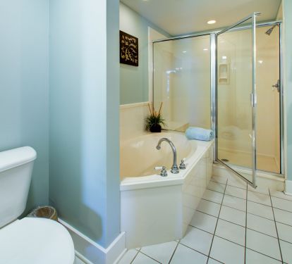 Second luxury bath attached to king. Half bath is off kitchen-close to bunk rm.