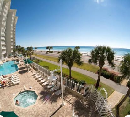 Aerial view of outdoor pool and hot tubs